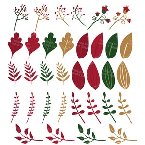 Op de afbeelding: Een set van 30 digitale illustraties van bladeren en takken in de kleuren rood, groen en goud. De illustraties zijn perfect voor het maken van digitale ontwerpen, scrapbooking en andere creatieve projecten.
