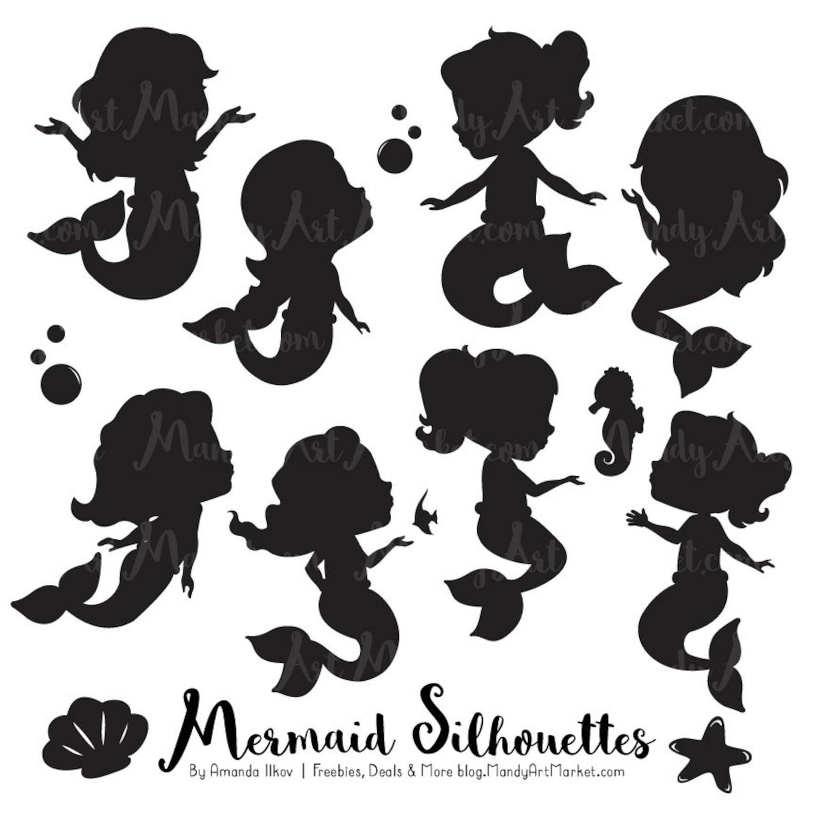 Cute Mermaid Silhouette Clipart Mermaid Silhouettes Clipart - Etsy