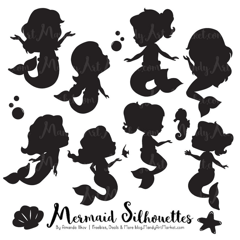 May include: A collection of black mermaid silhouettes in various poses, including swimming, looking up, and interacting with sea creatures. The image includes the text "Mermaid Silhouettes" and the artist's name.