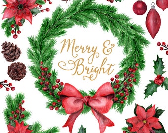 Watercolor Christmas Clipart - Christmas Wreath, Pine Wreath Clipart, Poinsettia Clipart, Holly Clipart