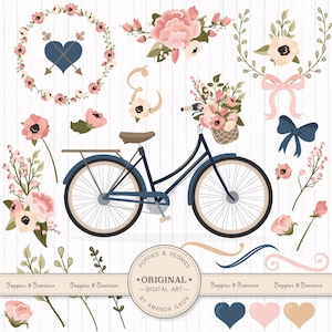 Premium Wedding Clipart & Vectors - Navy And Blush Bicycle Clipart, Wedding Bicycle, Bicycle and Flowers, Vintage Bicycle Clip Art