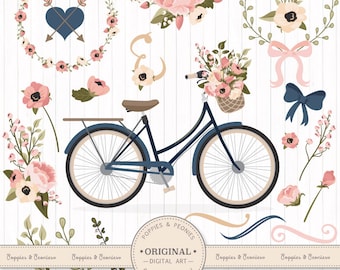 Premium Wedding Clipart & Vectors - Navy And Blush Bicycle Clipart, Wedding Bicycle, Bicycle and Flowers, Vintage Bicycle Clip Art