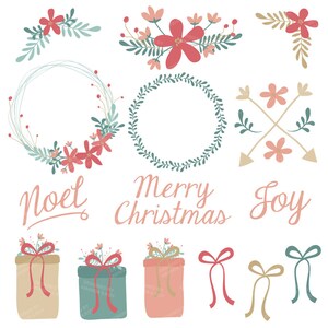 May include: A set of Christmas-themed illustrations featuring wreaths, floral arrangements, arrows, gift boxes, and text that says "Noel", "Merry Christmas", and "Joy". The illustrations are in a vintage style with muted colors.