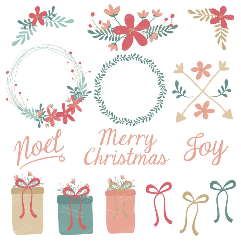 May include: A set of Christmas-themed illustrations featuring wreaths, floral arrangements, arrows, gift boxes, and text that says "Noel", "Merry Christmas", and "Joy". The illustrations are in a vintage style with muted colors.