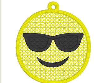 Emoji with sunglasses embroidery design FSL bag tag, bookmark, key fob, charm