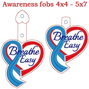 May include: Two heart-shaped awareness fobs with a blue ribbon design. The fobs are red and blue and say "Breathe Easy" in a blue cursive font.