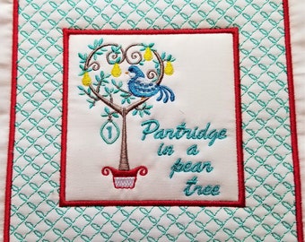 Partridge in a Pear tree embroidery design.  Quilt blocks in 4x4 - 5x5 - 6x6 sizes