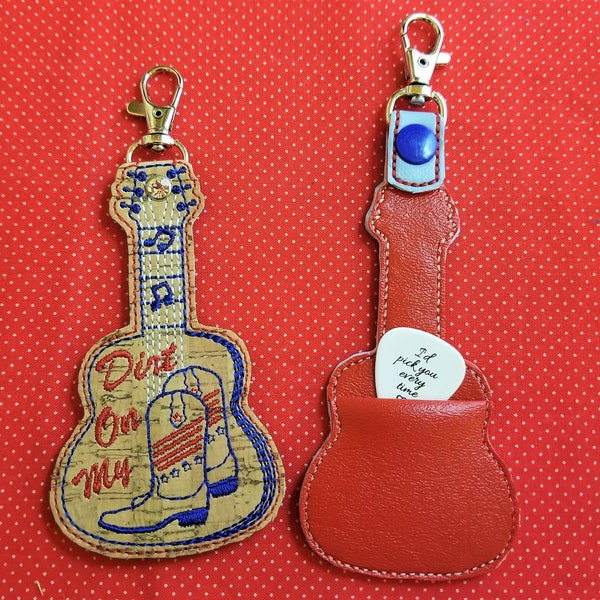 Guitar pick holder  embroidery design pocket in back for guitar picks - keyfob ith