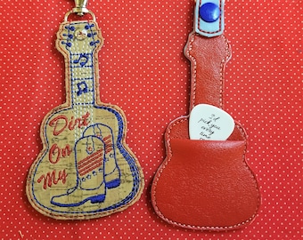 Guitar pick holder  embroidery design pocket in back for guitar picks - keyfob ith