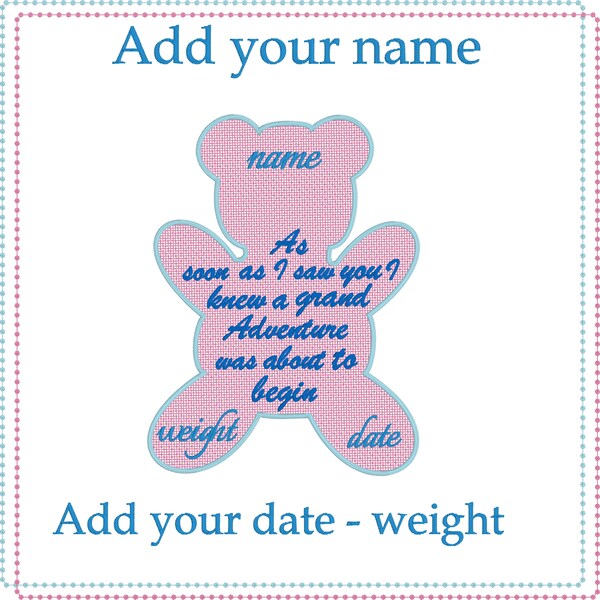 Teddy bear knockdown embroidery design with grand adventure words birth announcement