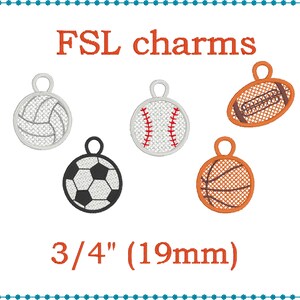May include: Five embroidered iron-on patches featuring different sports balls: a volleyball, baseball, football, basketball, and soccer ball. The patches are 3/4 inch (19 mm) in diameter and are labelled "FSL charms".