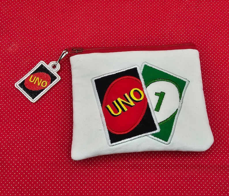 UNO zip bag with UNO charm embroidery designs. 5x6 top zip bag image 1