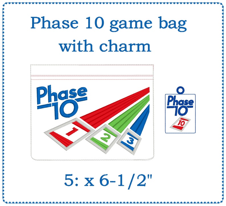 May include: A white zippered pouch with the Phase 10 logo and game cards. The pouch is 5 inches by 6 1/2 inches. A small charm with the Phase 10 logo is attached to the pouch.