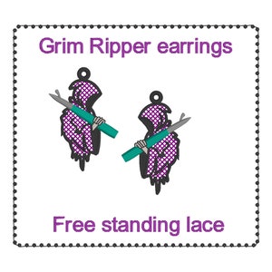 May include: A pair of purple Grim Reaper earrings with a teal crochet hook. The earrings are free-standing lace.
