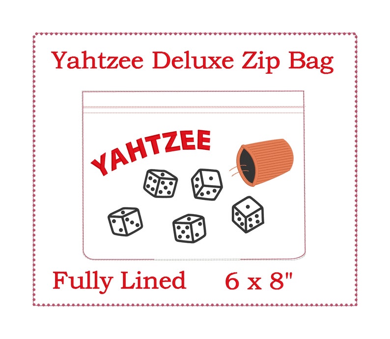 Yahtzee bag, charm embroidery designs. 5x6-1/2 top zip bag image 3