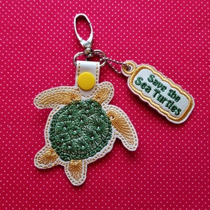 Sea Turtle and endangered charm ITH embroidery design 4x4 fob and snaptab with sea turtle charm image 1