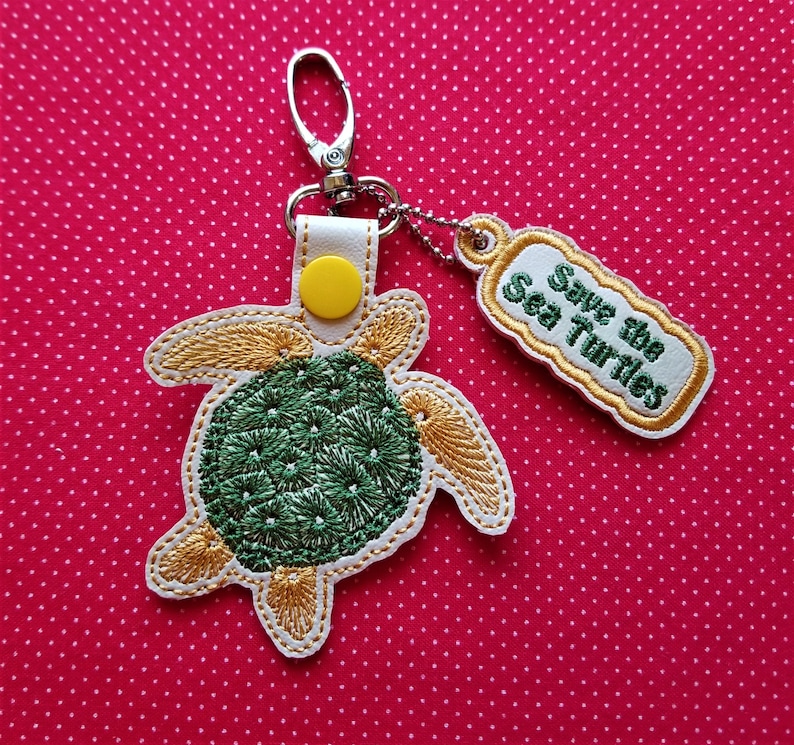Sea Turtle and endangered charm ITH embroidery design 4x4 fob and snaptab with sea turtle charm image 1