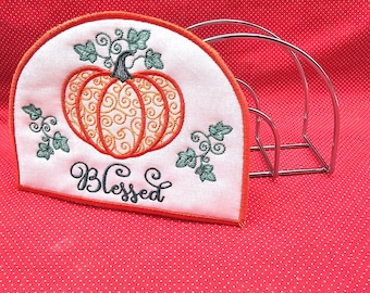 Pumpkin Napkin Holder Cover embroidery design.  5x7 in the hoop design