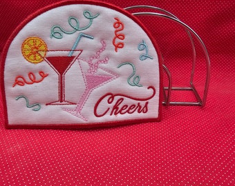 Cheers Napkin Holder Cover embroidery design.  5x7 in the hoop design