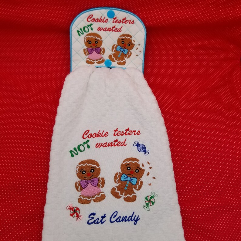 quilted and bean stitch 4x4 and 5x5 Gingerbread cookie testers towel holder and tab embroidery design