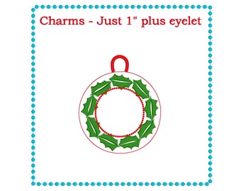 Holly wreath charm embroidery design.  Monogram frame for bag tags, earrings, wine glass charms