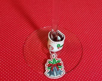 Holly & Bells wine glass wrap embroidery design.  ITH gift item add different charms to ID your glass