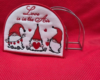 Love is in the Air Gnomes Napkin Holder Cover embroidery design.  5x7 in the hoop design