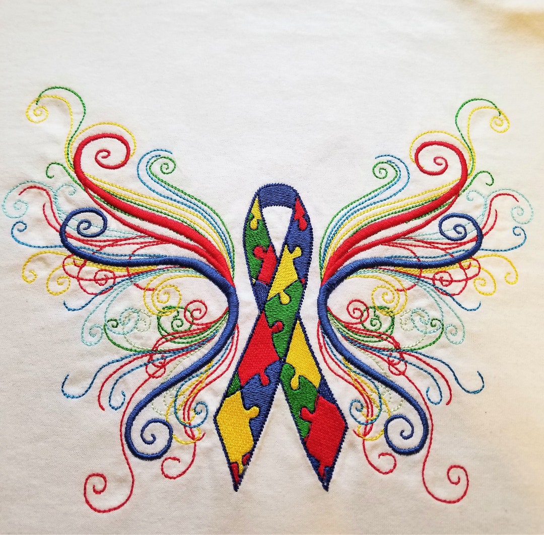 Autism Awareness Butterfly Ribbon Puzzle Pieces, Abstract Embroidery ...
