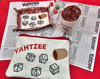 Yahtzee deluxe bag, charm, cup, tray, tray insert, embroidery designs.  6x8" top zip bag