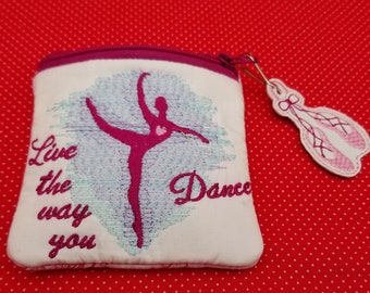 Dancer ITH top zip bag with ballet shoes charm zipper pull embroidery designs.  4x4 and 5x5