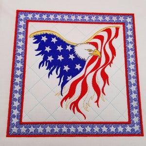 Patriotic Eagle flag  quilt block embroidery design.  4 sizes - Quilted, QAYG ready satin border