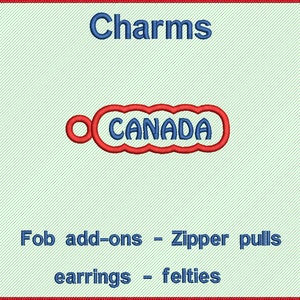 Puede incluir: Encanto rojo y azul con la palabra "CANADA" en un contorno blanco. El encanto es un complemento para llavero, tirador de cremallera, pendiente o fieltro.