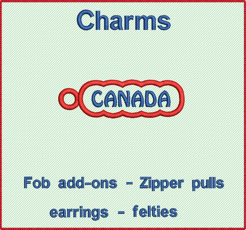 Puede incluir: Encanto rojo y azul con la palabra "CANADA" en un contorno blanco. El encanto es un complemento para llavero, tirador de cremallera, pendiente o fieltro.