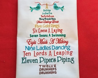 12 days of Christmas tree word art embroidery design.  5"x7" split design