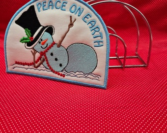 Peace Snowman Napkin Holder Cover embroidery design.  5x7 in the hoop design