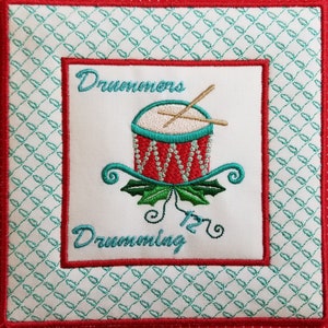 12 Drummers Drumming embroidery design.  ITH Quilt blocks in 4x4 - 5x5 - 6x6 sizes