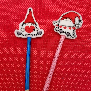 Gnome pencil topper  embroidery design - with hearts. ITH 2 designs