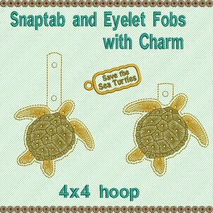 Sea Turtle and endangered charm ITH embroidery design 4x4 fob and snaptab with sea turtle charm image 2