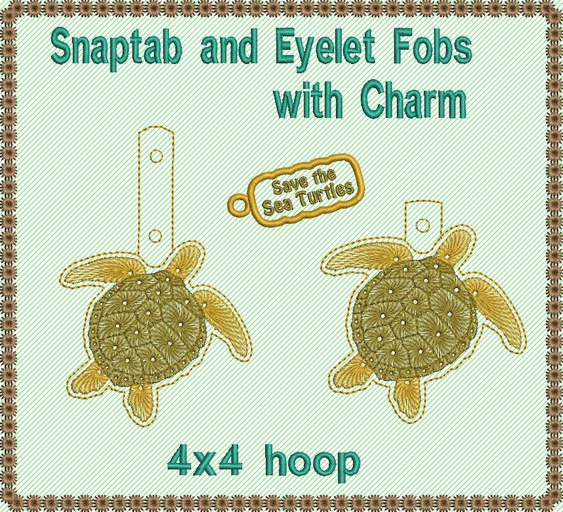 Sea Turtle and endangered charm ITH embroidery design 4x4 fob and snaptab with sea turtle charm image 2