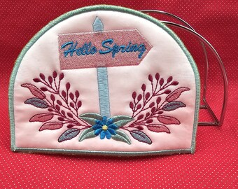 Hello Spring Napkin Holder Cover embroidery design.  5x7 in the hoop design