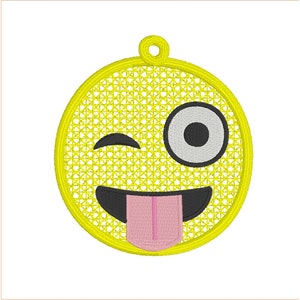 Emoji con ricamo faccia e lingua ammiccanti. etichetta per borsa, portachiavi, ciondolo