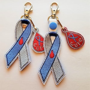 May include: Two blue and gray ribbon keychains with a red teardrop charm that says "cure".