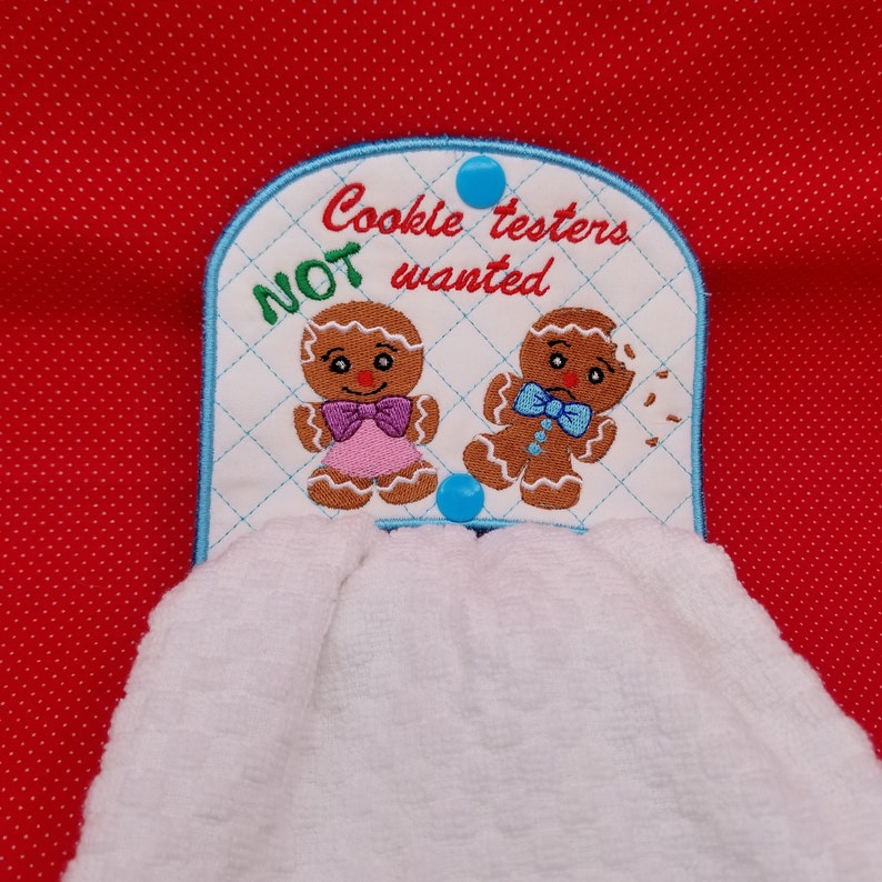 quilted and bean stitch 4x4 and 5x5 Gingerbread cookie testers towel holder and tab embroidery design