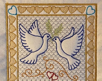 Doves 4-5" trapunto quilt block embroidery designs.  4 files included.  4" and 5" sizes, mirror images, QAYG ith styles