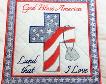 Patriotic Cross-dog tags quilt block embroidery design.  4 sizes Quilted, QAYG ready satin border