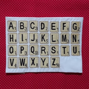 Word tiles alphabet embroidery designs.   BX files included. 2 sizes.
