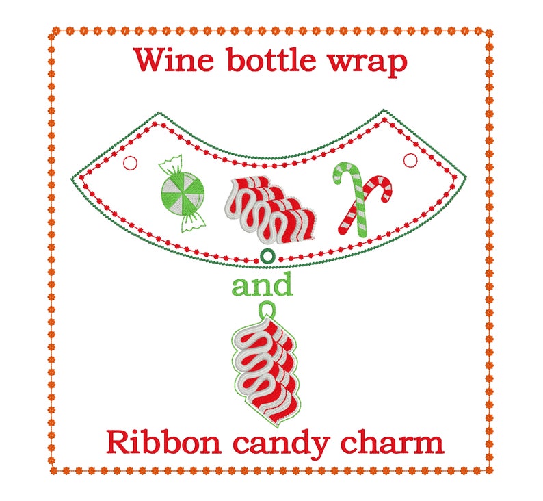 Ribbon candy peppermints and candy canes for your wine bottle. Wine bottle wrap embroidery design