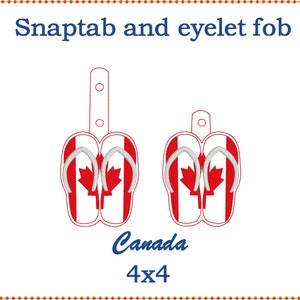 Puede incluir: Un par de chanclas con un dise&ntilde;o de bandera canadiense roja y blanca, con un broche a presi&oacute;n y un ojal. El texto "Canada 4x4" est&aacute; debajo de las chanclas.