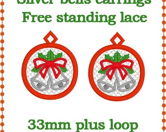 FSL Silver bells earrings-charms embroidery designs.   Free standing lace