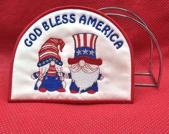 God Bless America Gnomes Napkin Holder Cover embroidery design.  5x7 in the hoop design